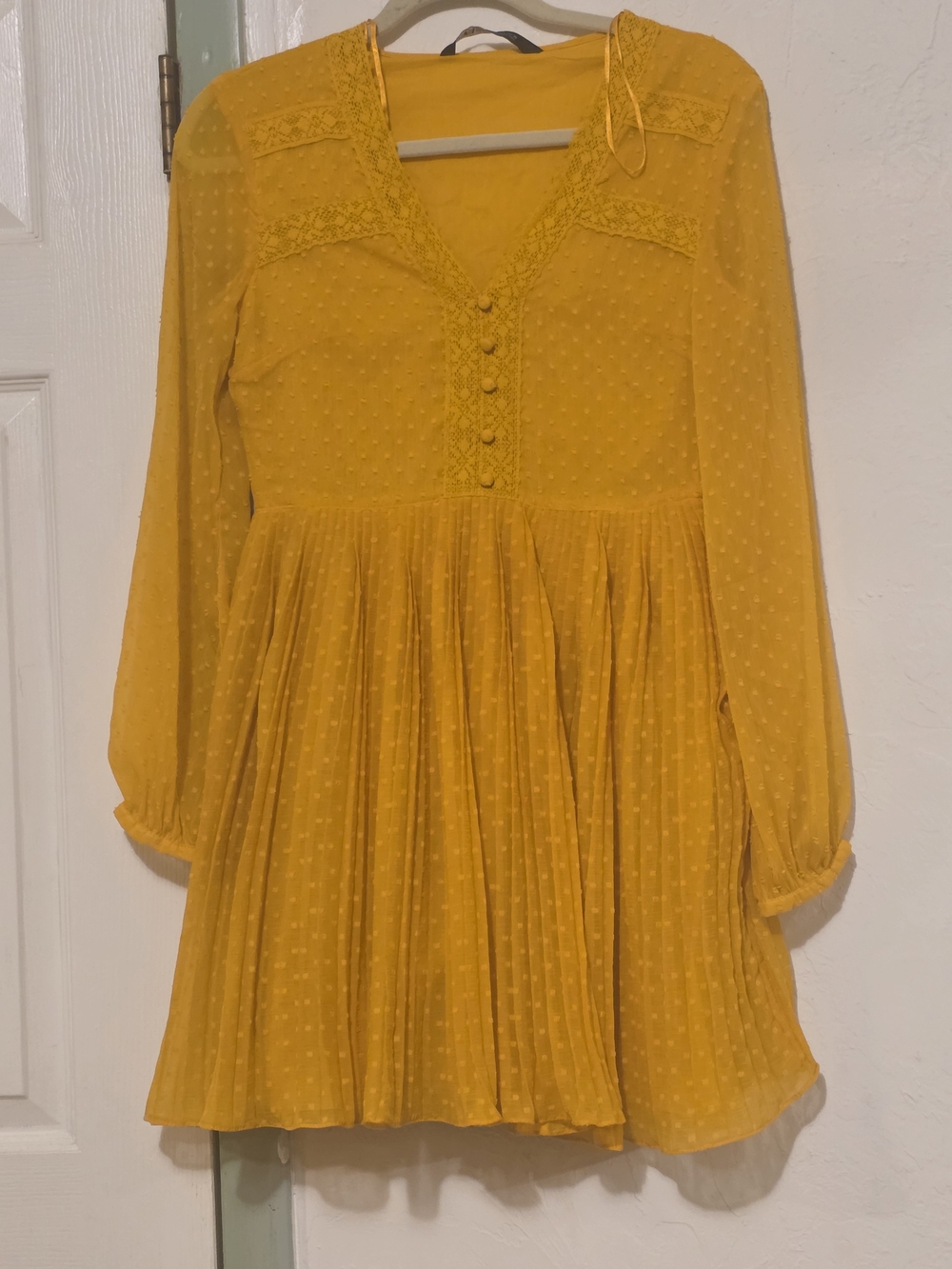 Zara Mustard Yellow Long Sleeve Pleated Mini Dress - Picture 2 of 4